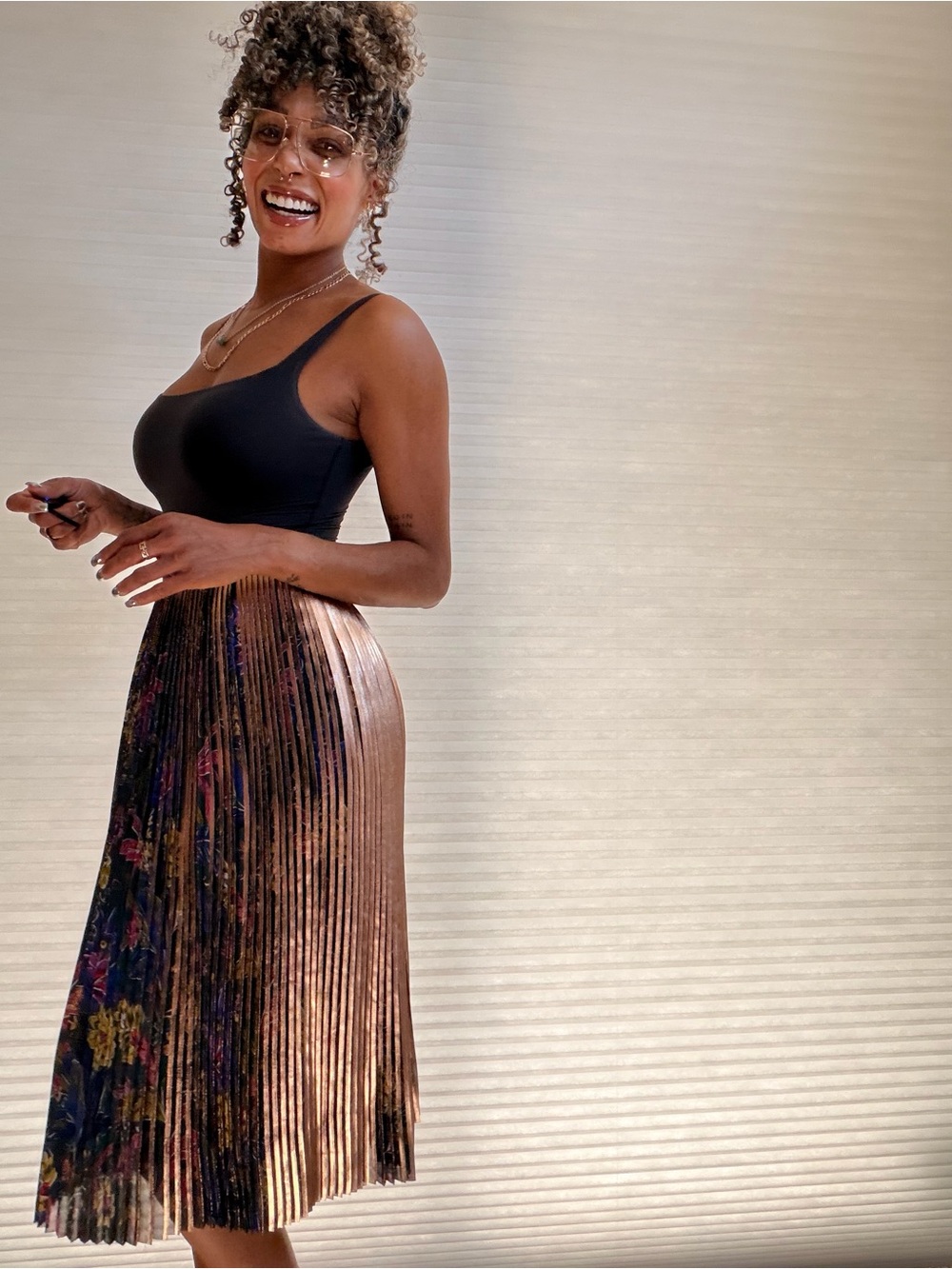 Maeve by Anthropologie Metallic Floral Pleated Midi Skirt